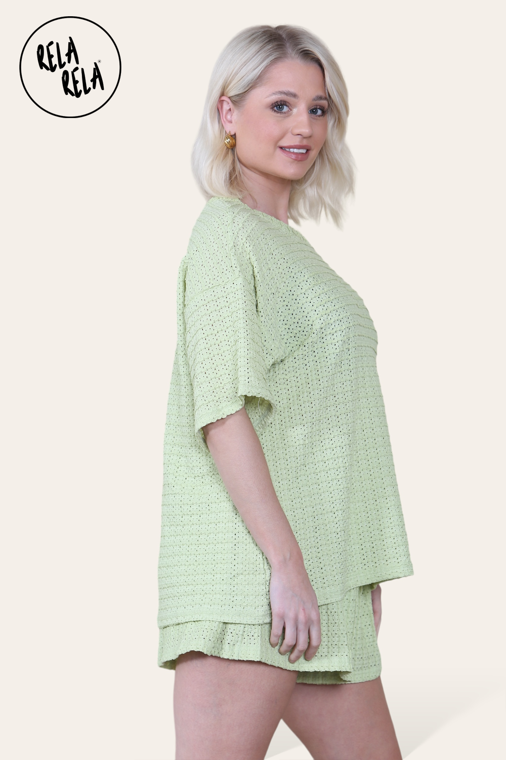Oversized Crochet T-Shirt & Shorts Co-Ord Set in Green