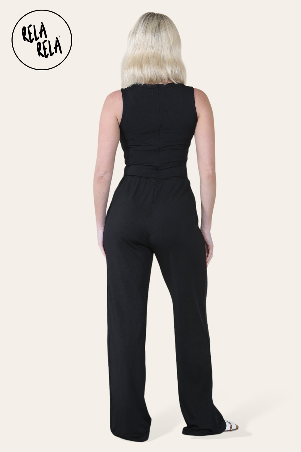 Solid Ribbed High Neck Wide Leg Sleeveless Jumpsuit in Black