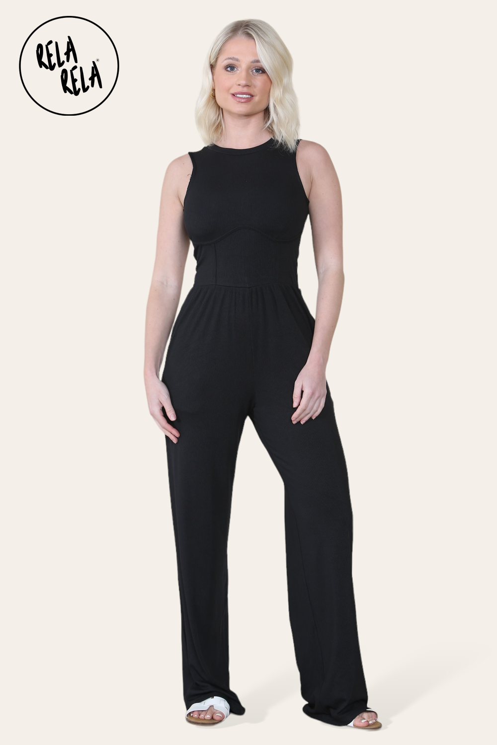 Solid Ribbed High Neck Wide Leg Sleeveless Jumpsuit in Black
