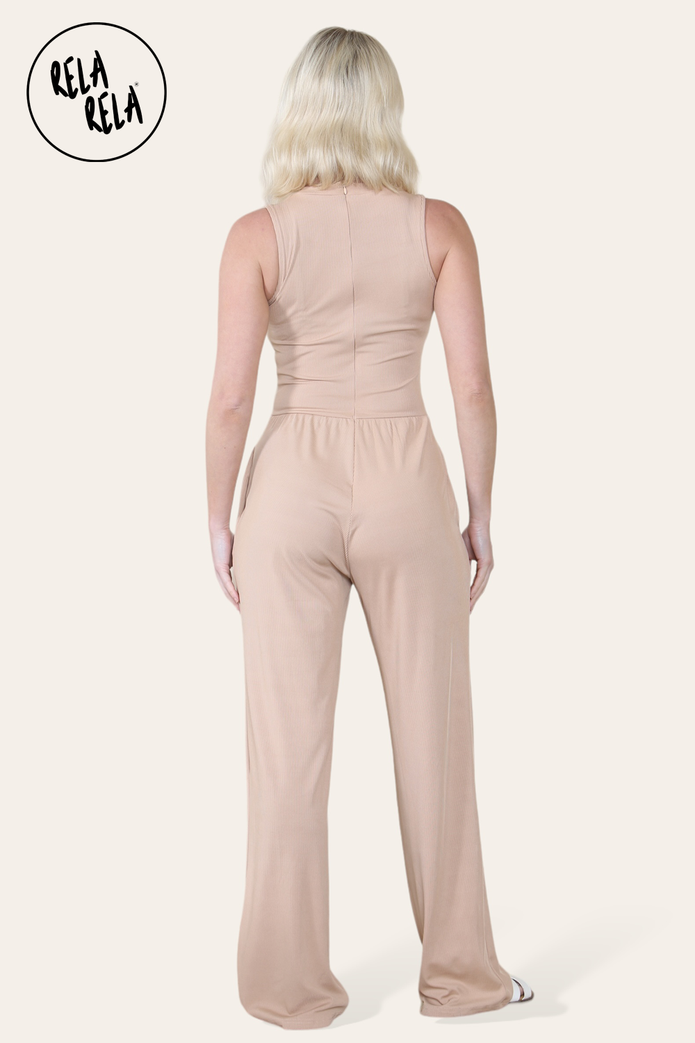 Solid Ribbed High Neck Wide Leg Sleeveless Jumpsuit in Camel