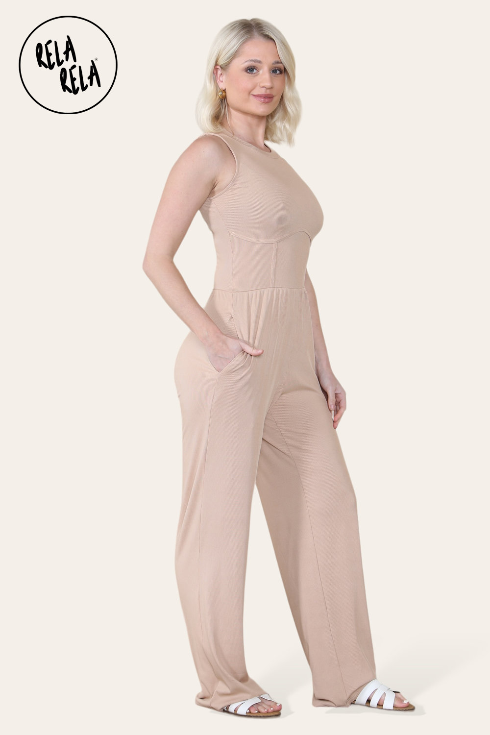 Solid Ribbed High Neck Wide Leg Sleeveless Jumpsuit in Camel