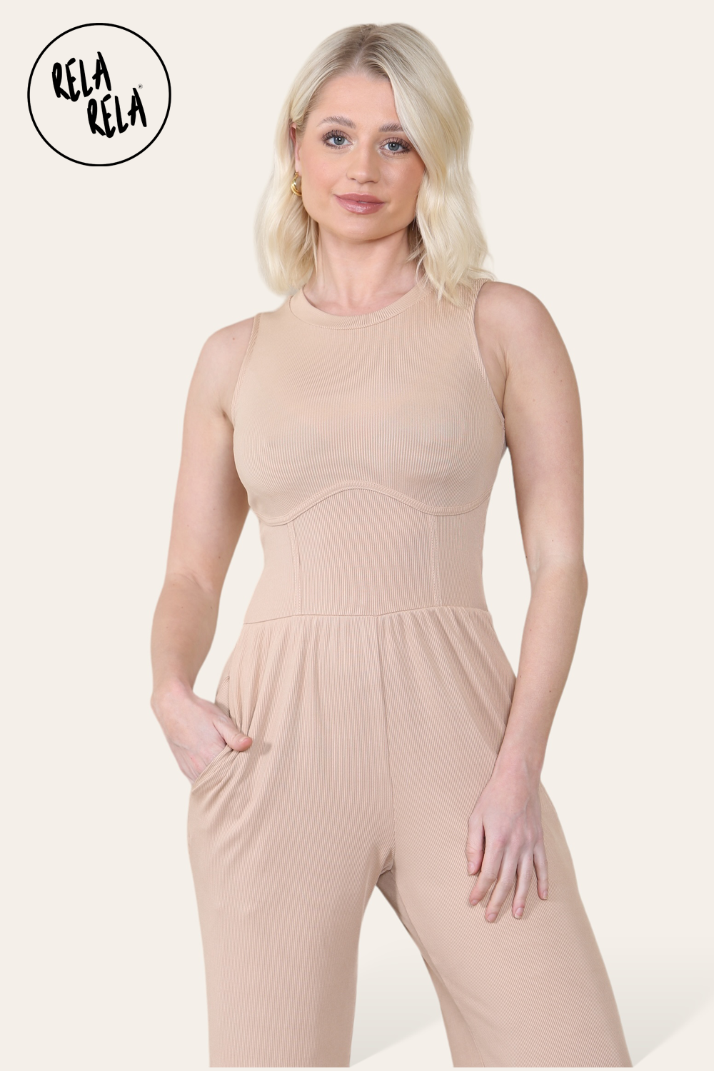 Solid Ribbed High Neck Wide Leg Sleeveless Jumpsuit in Camel