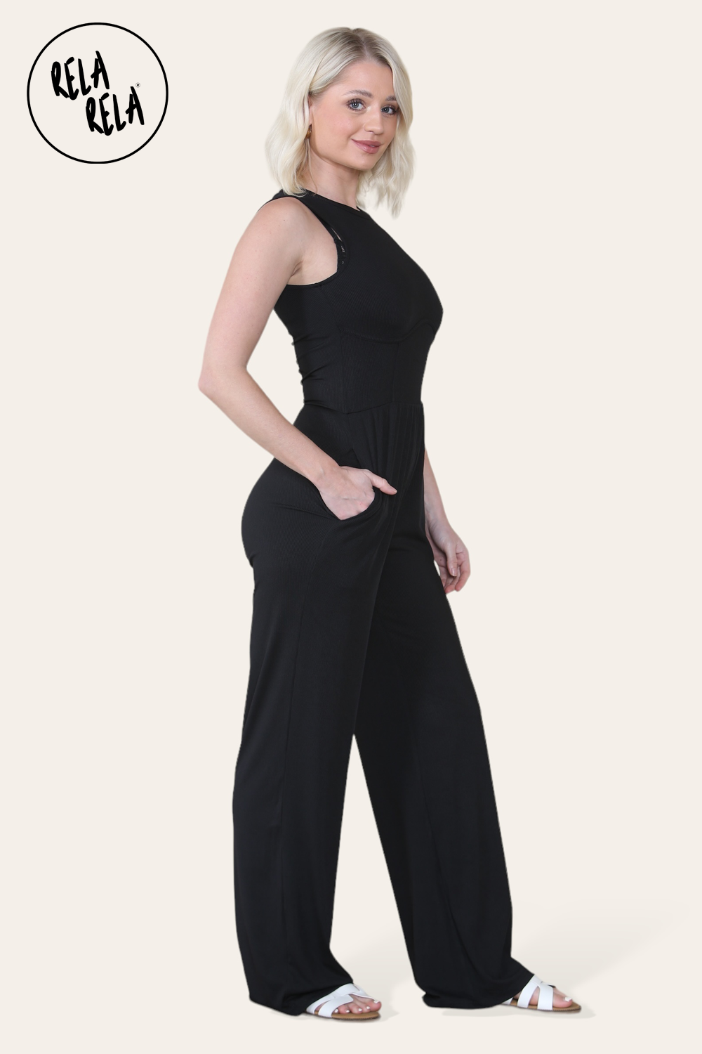 Solid Ribbed High Neck Wide Leg Sleeveless Jumpsuit in Black