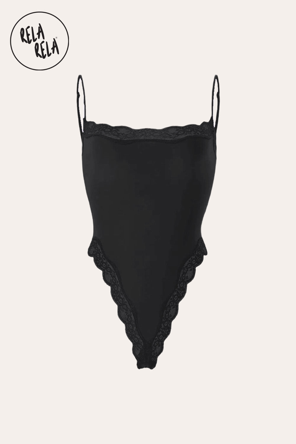 Spaghetti Strap Lace Trim Stretchy Bodysuit in Black