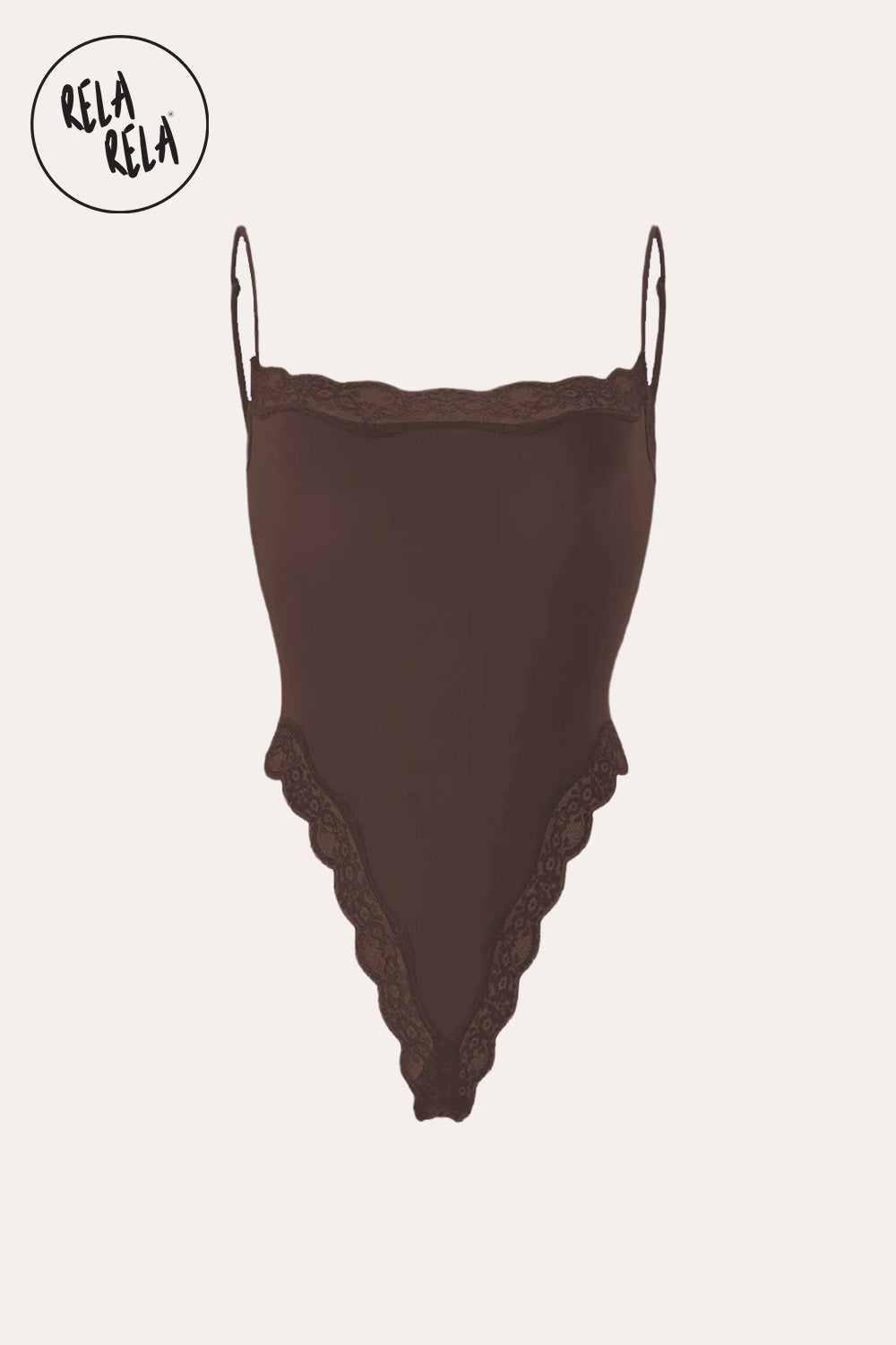 Spaghetti Strap Lace Trim Stretchy Bodysuit in Chocolate