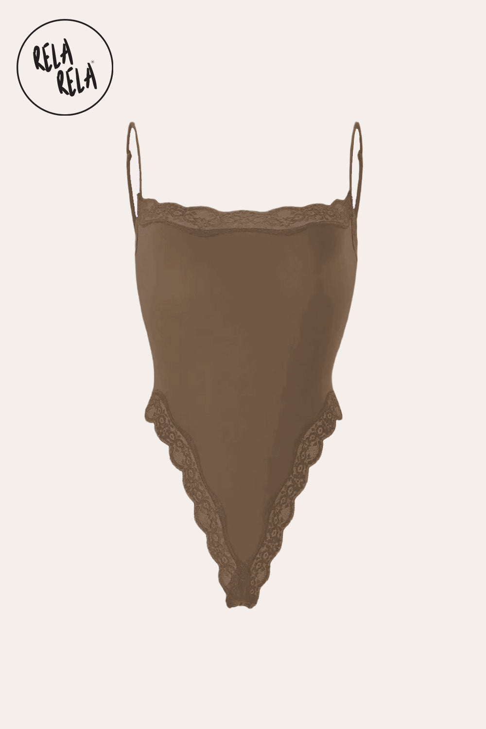 Spaghetti Strap Lace Trim Stretchy Bodysuit in Mocha