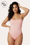 Spaghetti Strap Lace Trim Stretchy Bodysuit in Blush