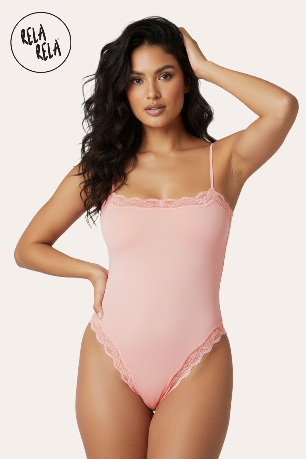 Spaghetti Strap Lace Trim Stretchy Bodysuit in Blush