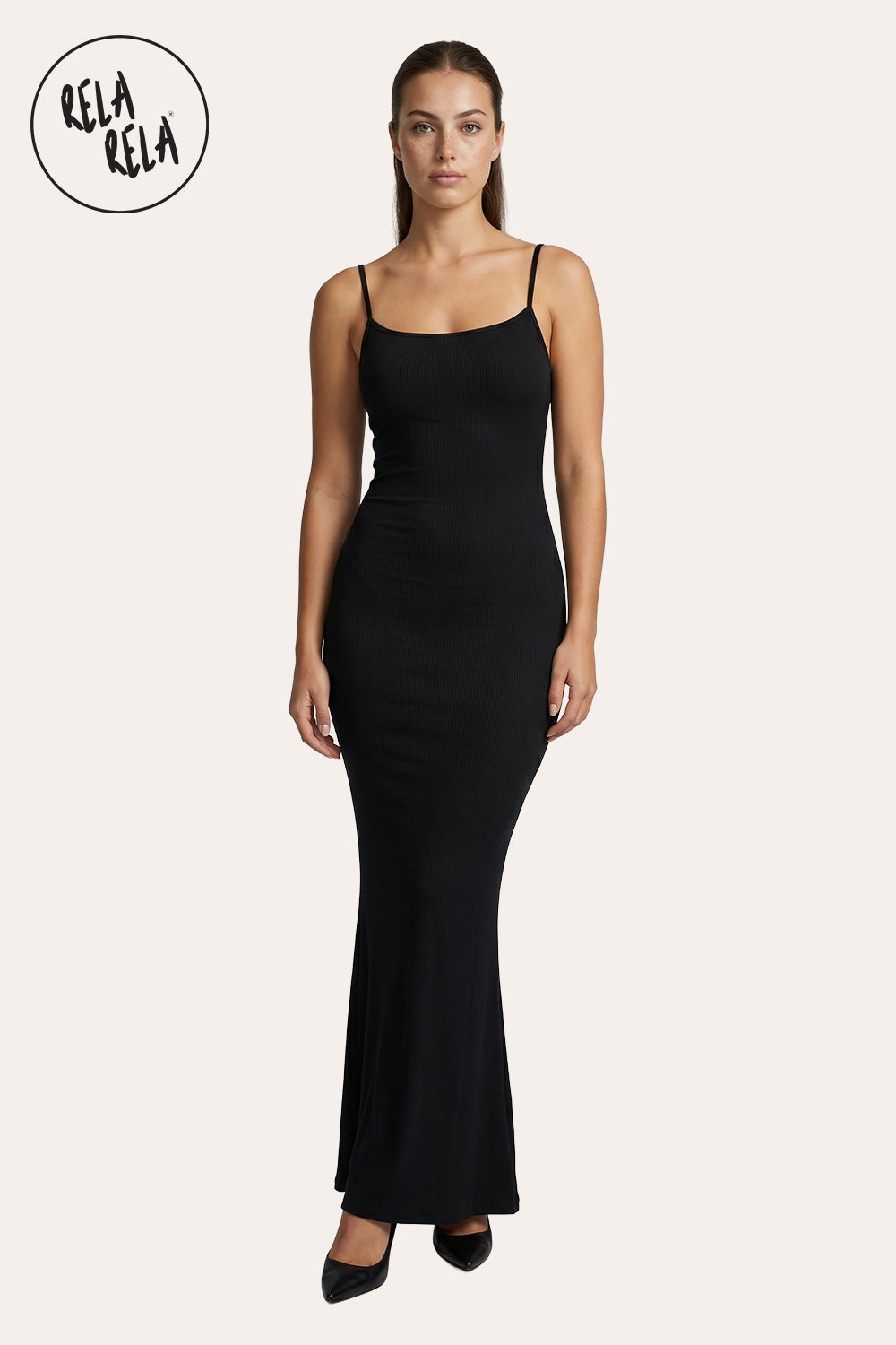 Soft Touch Stretch Rib Maxi Cami Dress in Black