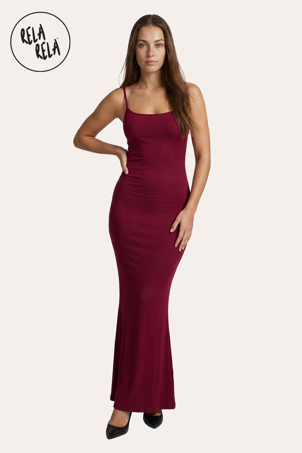 Soft Touch Stretch Rib Maxi Cami Dress in Burgundy