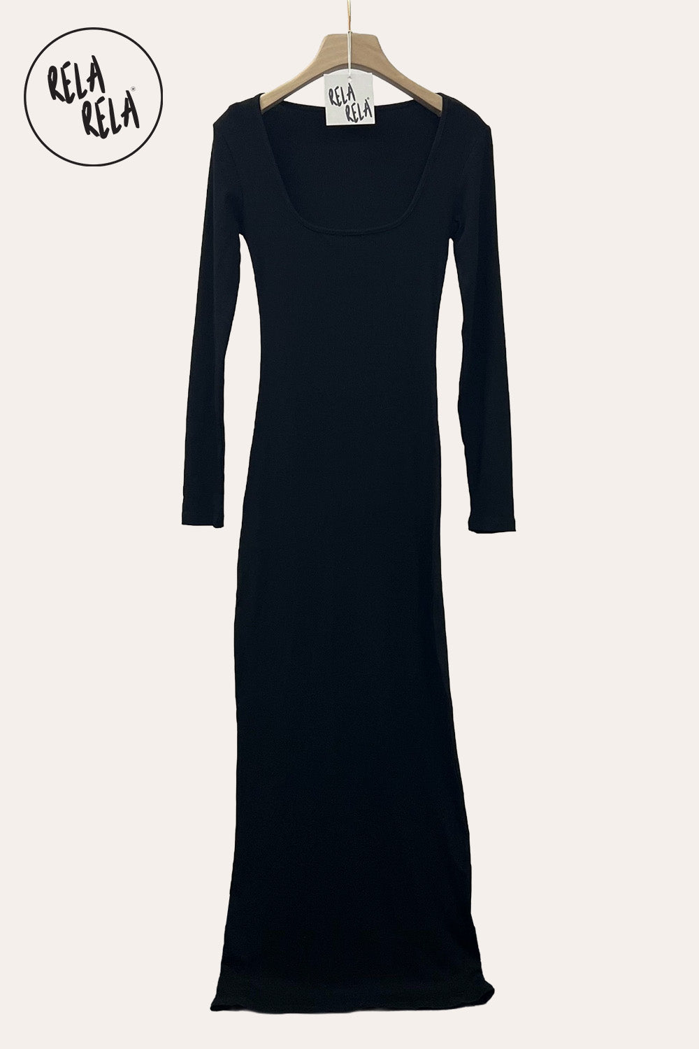 Soft Touch Stretch Rib Long Sleeve Maxi Dress in Black