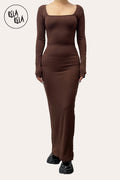 Soft Touch Stretch Rib Long Sleeve Maxi Dress in Chocolate