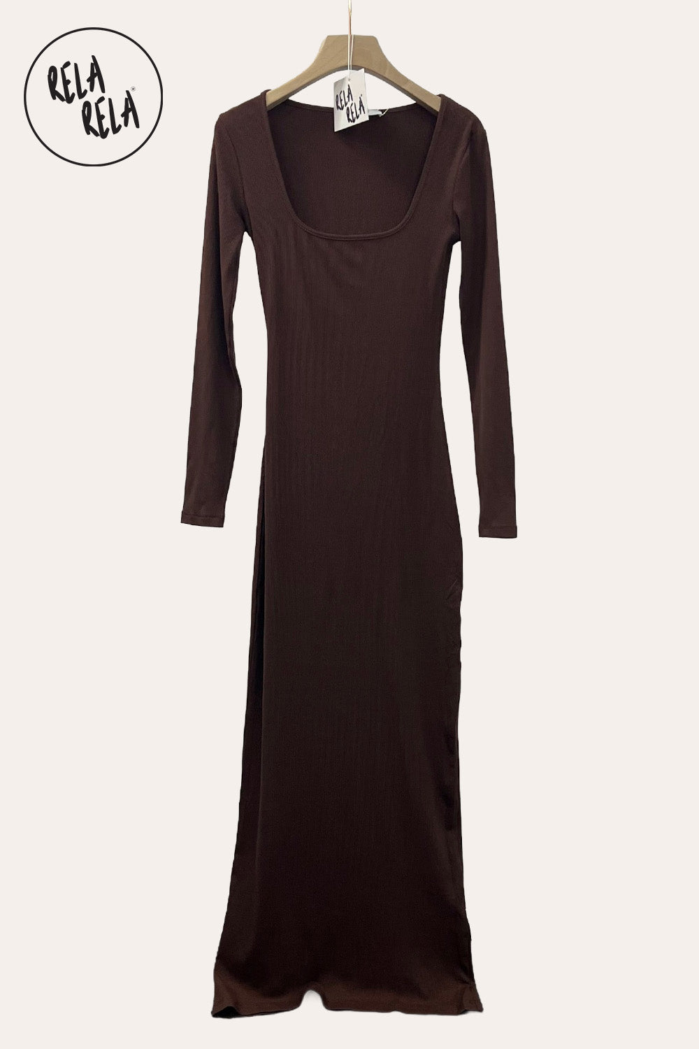 Soft Touch Stretch Rib Long Sleeve Maxi Dress in Chocolate