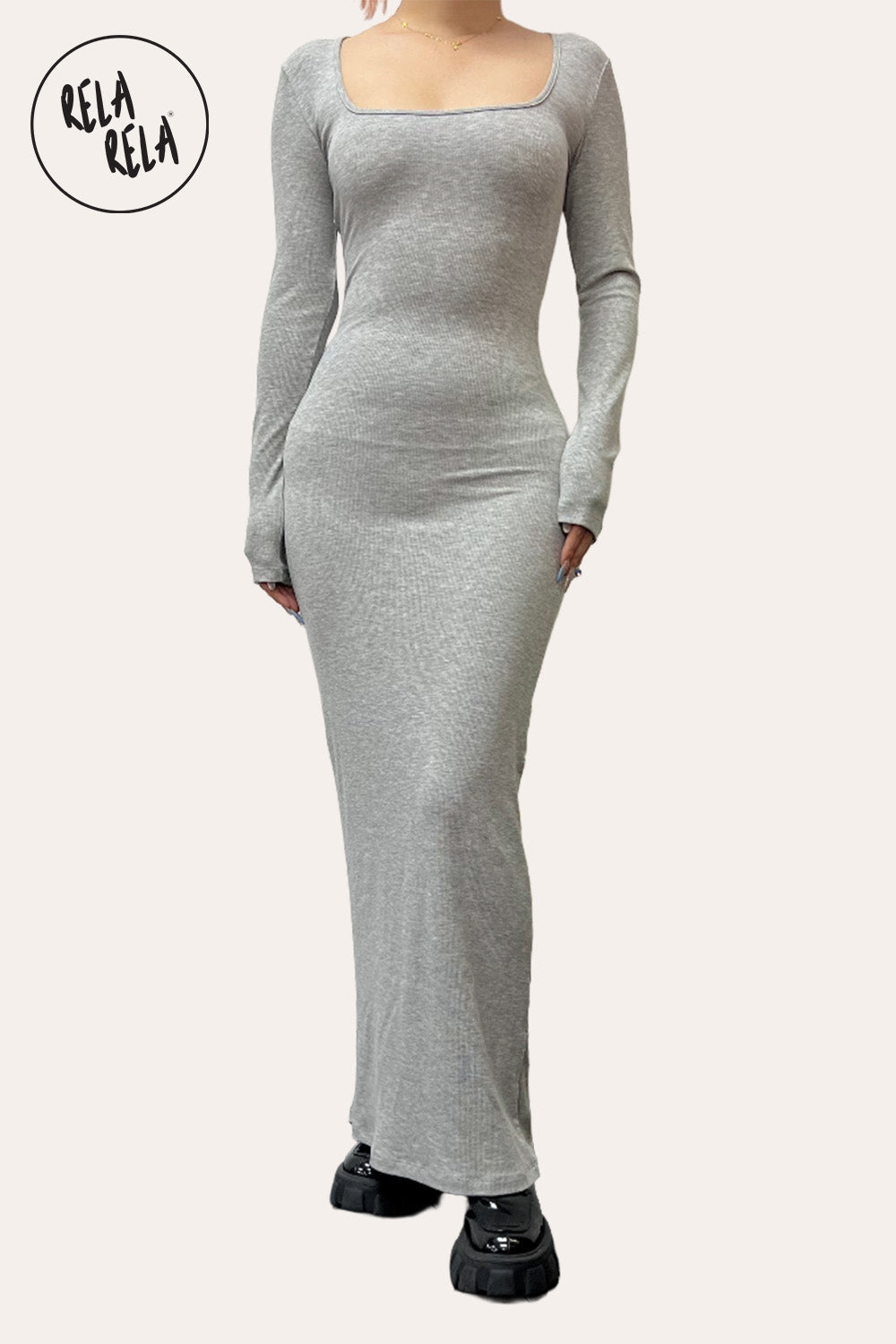 Soft Touch Stretch Rib Long Sleeve Maxi Dress in Grey