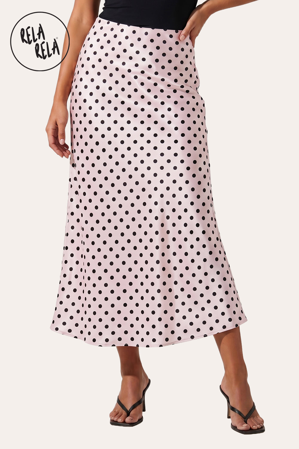 Satin Polka Dot Flowy Maxi Skirt in Pink