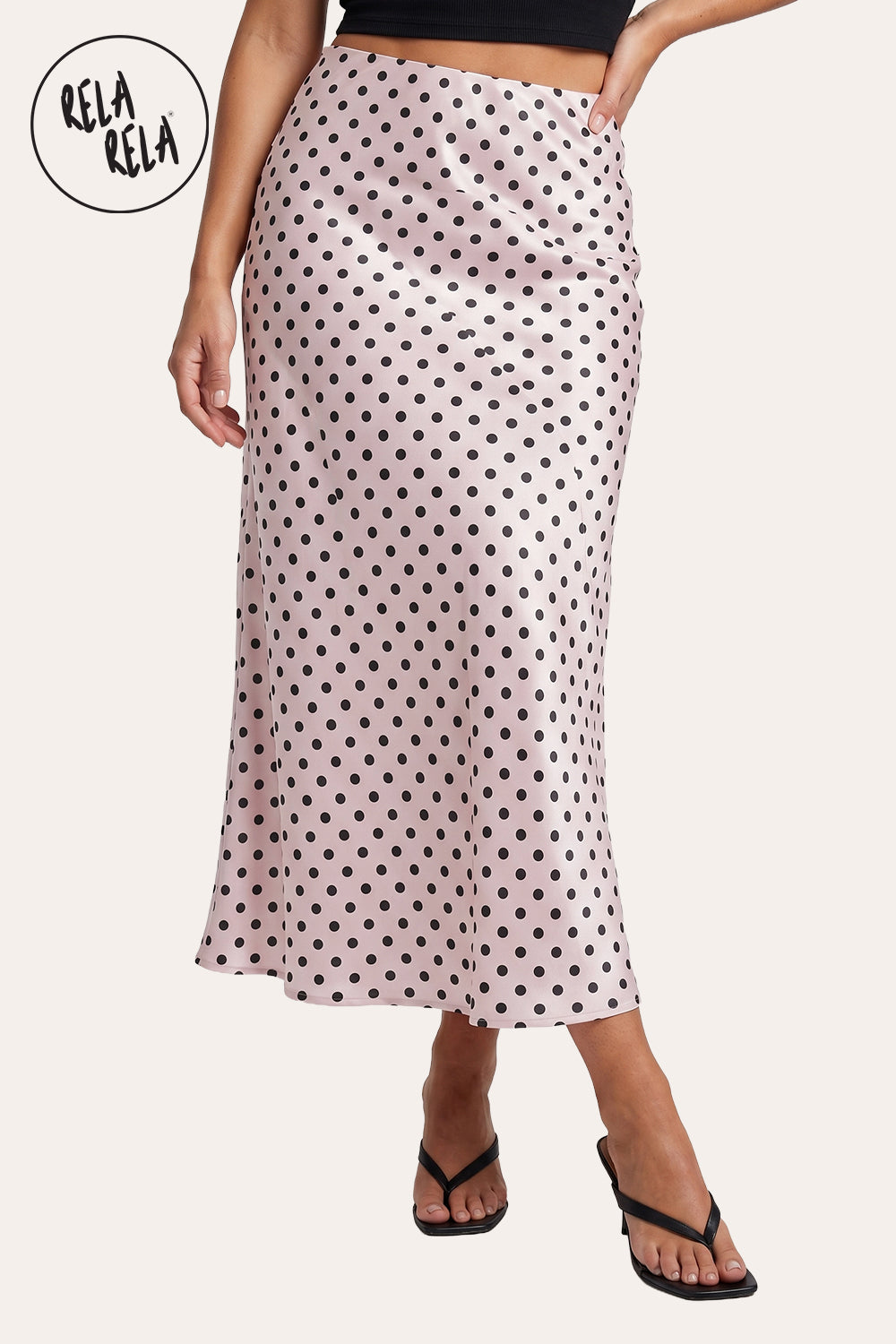 Satin Polka Dot Flowy Maxi Skirt in Pink