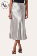 Satin Maxi Skirt with Slim Straight Cut in Silver
