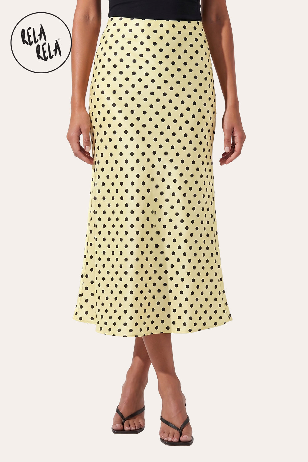 Satin Polka Dot Flowy Maxi Skirt in Yellow