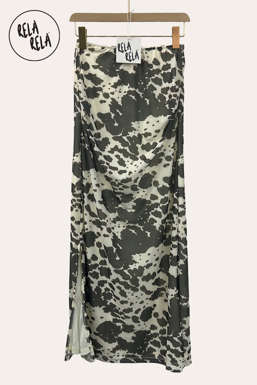 Animal Print Mesh Maxi Skirt in Cow Print