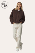 Faux Suede Zip-Up Bomber Jacket in Chocolate