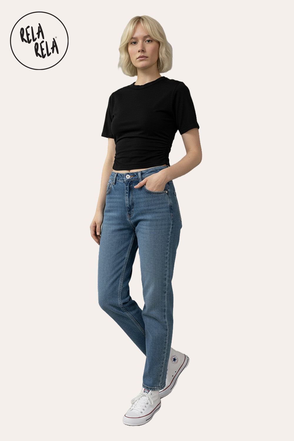 Cinched Waist Short Sleeve Fitted T-Shirt in Black