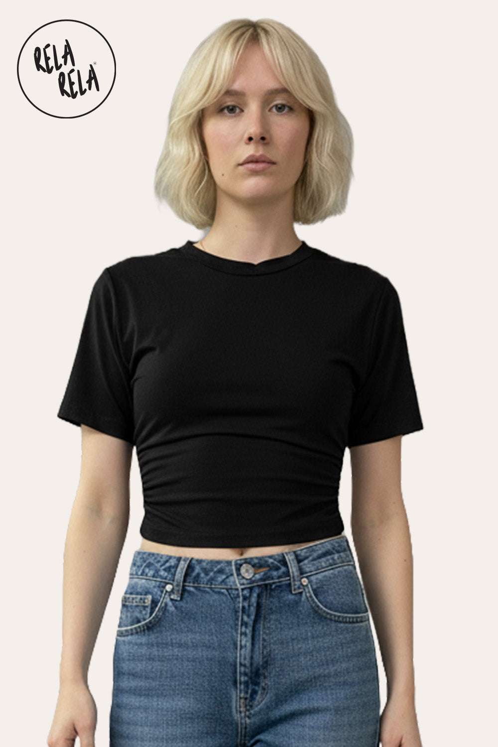 Cinched Waist Short Sleeve Fitted T-Shirt in Black