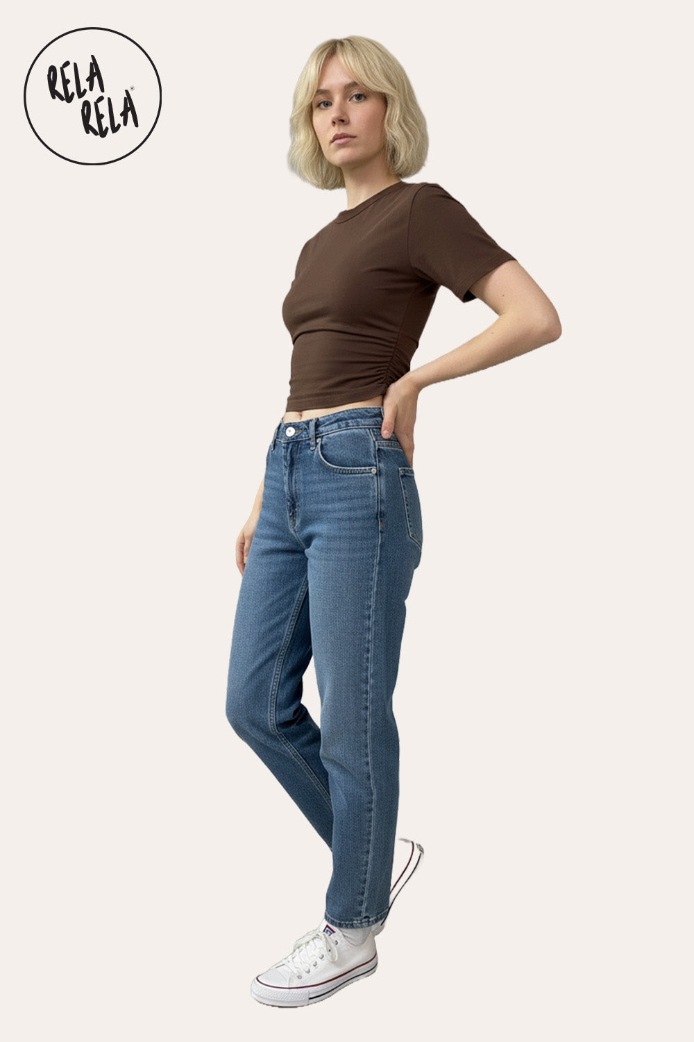 Cinched Waist Short Sleeve Fitted T-Shirt in Chocolate