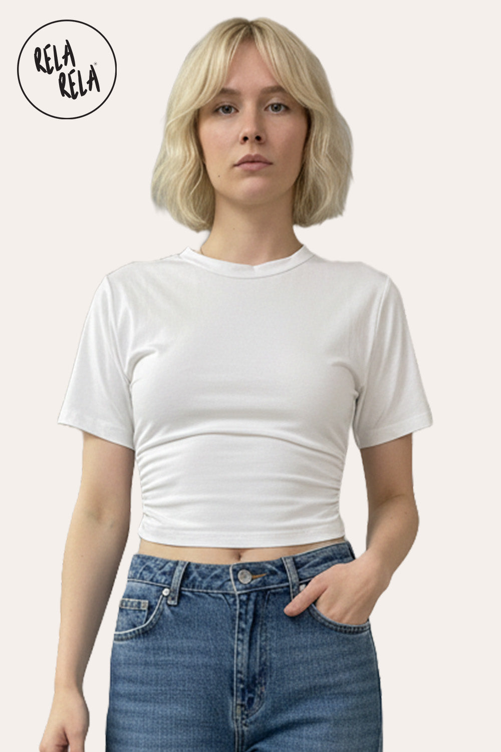 Cinched Waist Short Sleeve Fitted T-Shirt in White