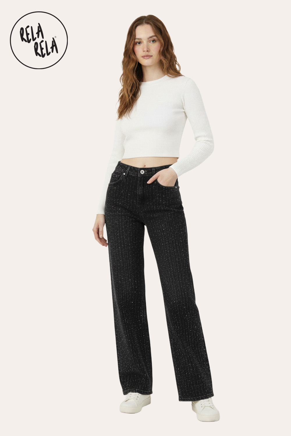 All-Over Sparkle Rhinestone Stretchy Dad Fit Jeans in Black