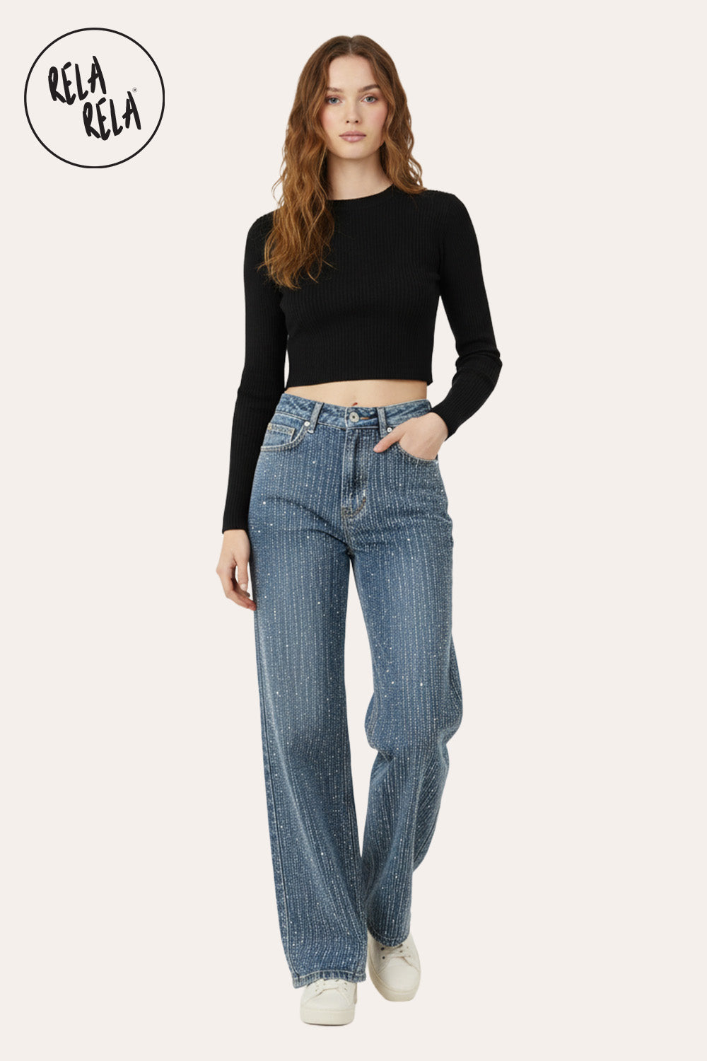 All-Over Sparkle Rhinestone Stretchy Dad Fit Jeans in Denim Blue