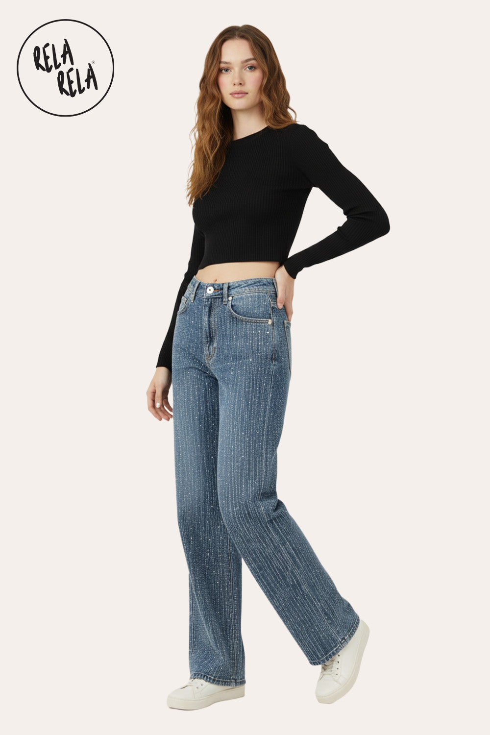 All-Over Sparkle Rhinestone Stretchy Dad Fit Jeans in Denim Blue