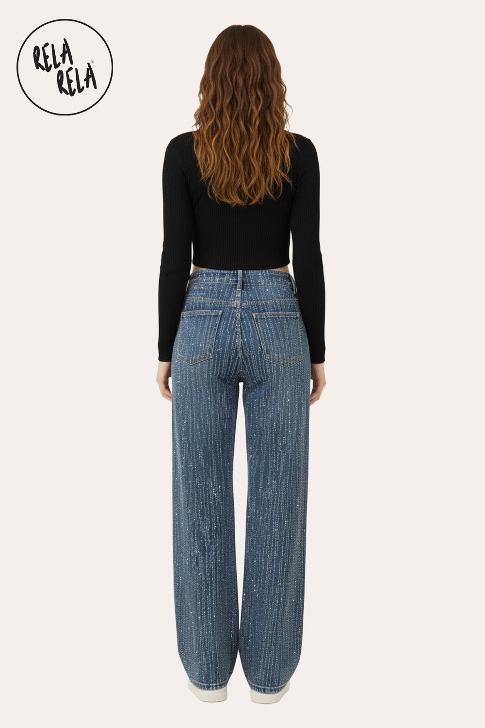All-Over Sparkle Rhinestone Stretchy Dad Fit Jeans in Denim Blue