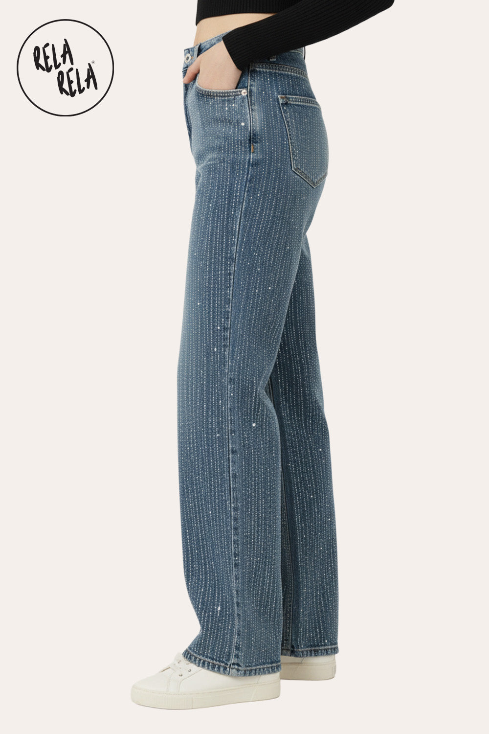 All-Over Sparkle Rhinestone Stretchy Dad Fit Jeans in Denim Blue