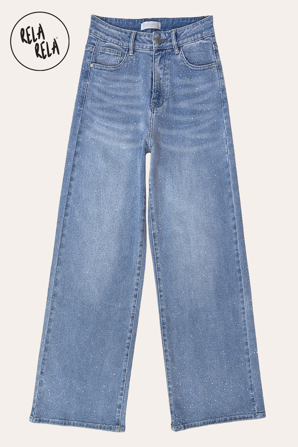 Viral Stretchy Dad Fit Jeans with All-Over Diamantes in Blue