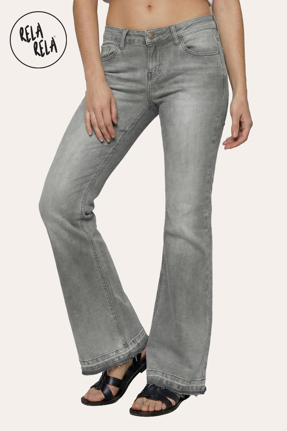 Viral Stretchy Low-Waisted Flap Pocket Bootcut Flared Jeans in Grey