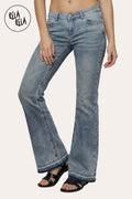 Viral Stretchy Low-Waisted Flap Pocket Bootcut Flared Jeans in Vintage Blue