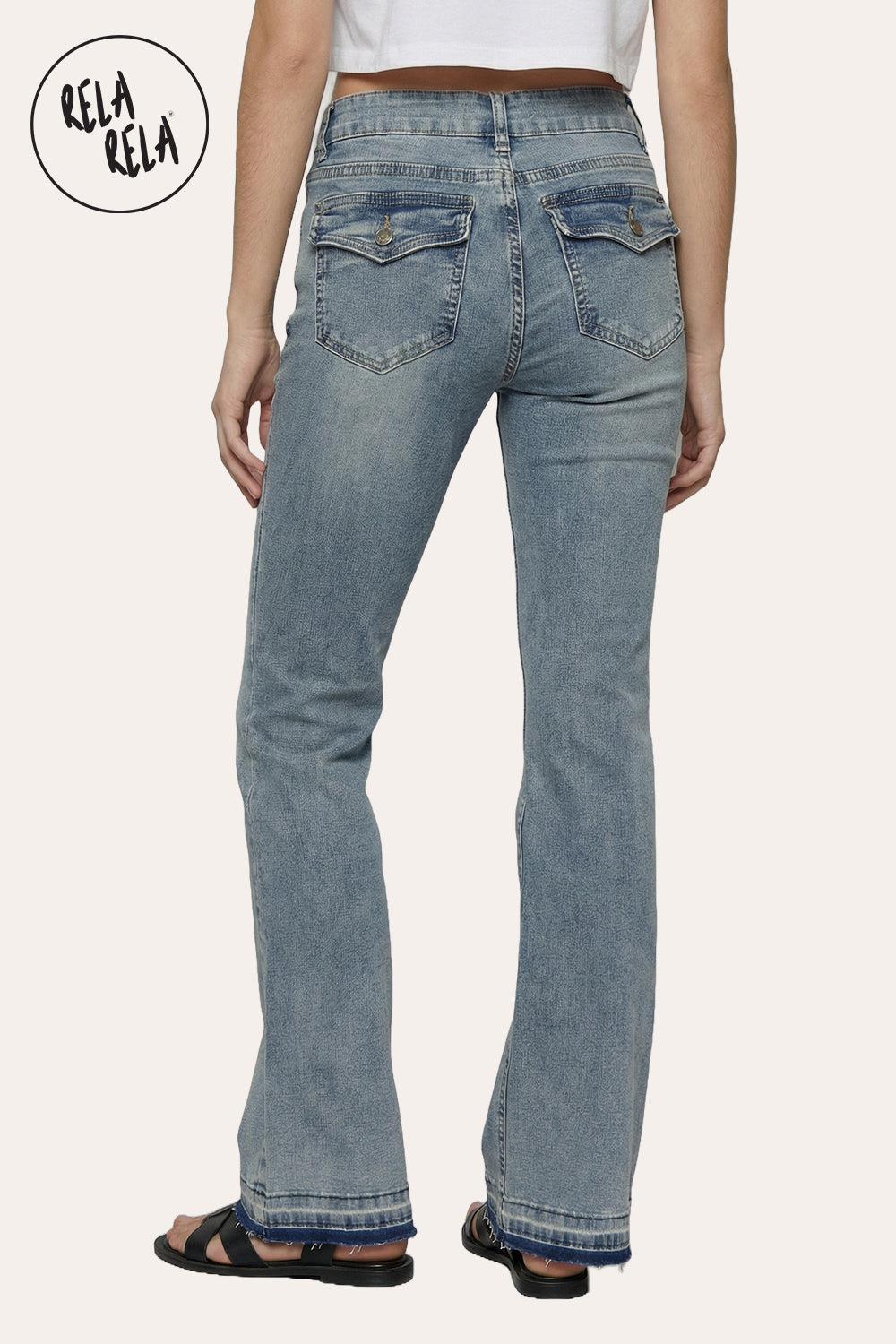 Viral Stretchy Low-Waisted Flap Pocket Bootcut Flared Jeans in Vintage Blue