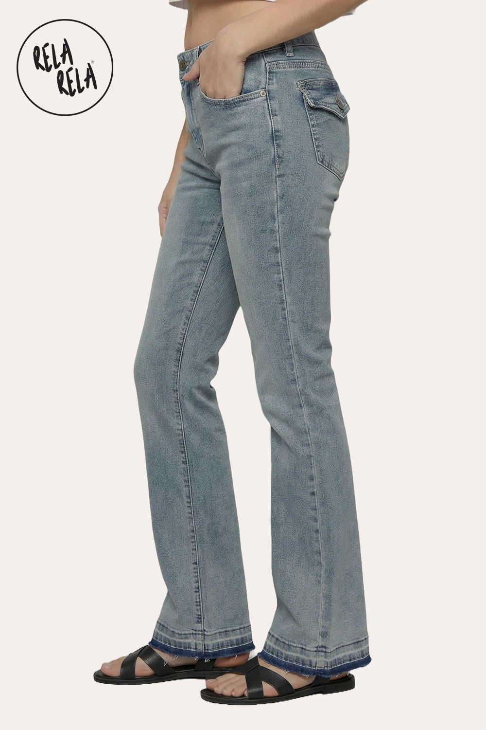 Viral Stretchy Low-Waisted Flap Pocket Bootcut Flared Jeans in Vintage Blue