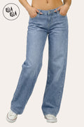 Y2K Viral Stretch Petite-Friendly Low Waisted Wide Leg Jeans - Mid Blue
