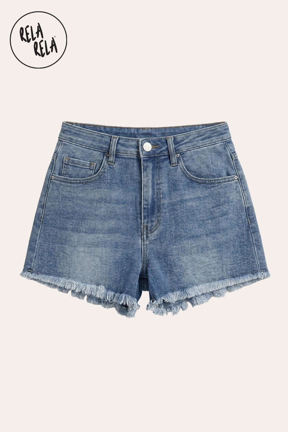 Stretchy Push Up High Waisted Frayed Hem Denim Shorts in Mid Blue