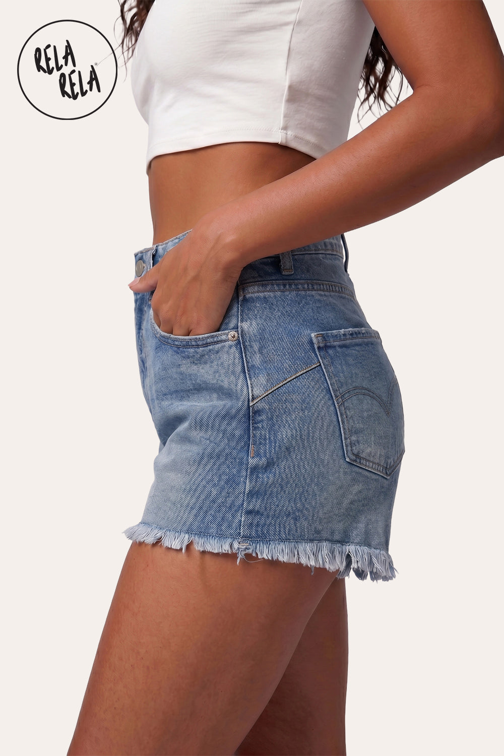 Stretchy Push Up High Waisted Frayed Hem Denim Shorts in Mid Blue
