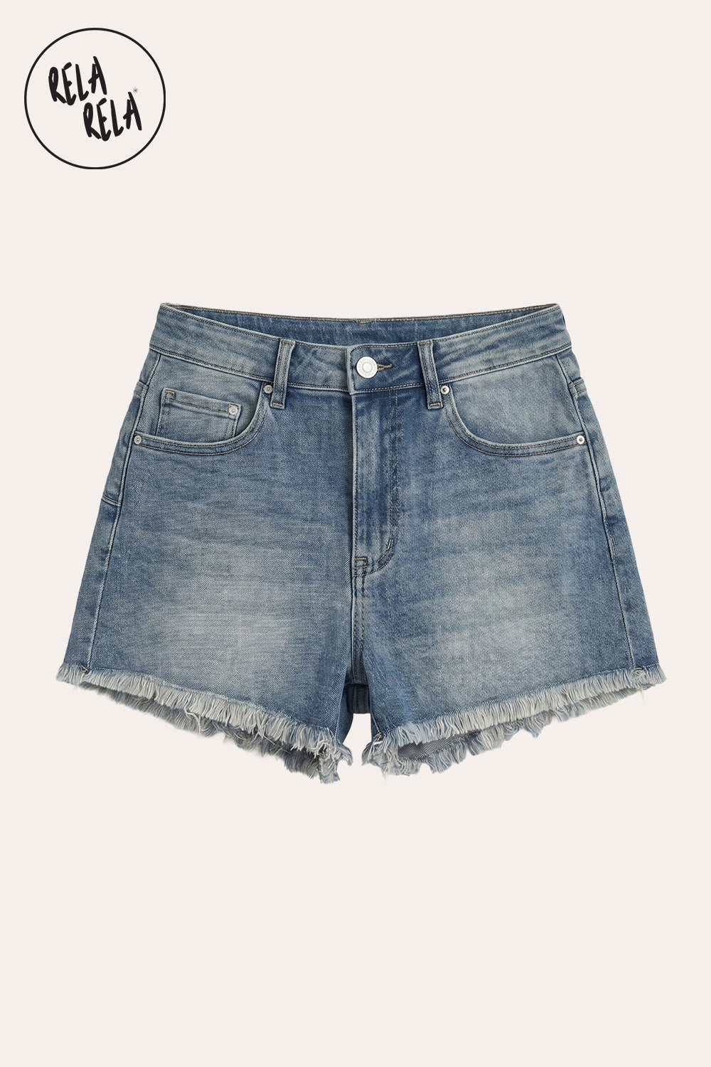 Stretchy Push Up High Waisted Frayed Hem Denim Shorts in Vintage Blue