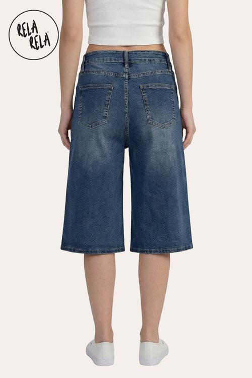 Baggy Fit Longline Denim Jorts: Y2K Loose Skater Style in Denim Blue
