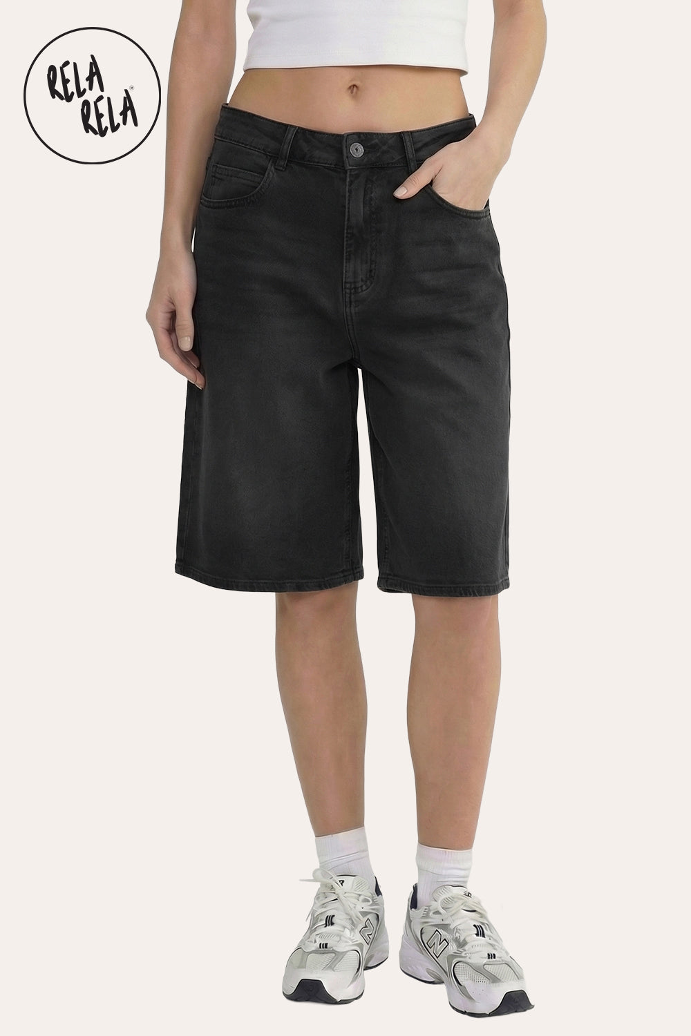 Viral Stretchy Low Rise Baggy Longline Denim Bermuda Shorts in Charcoal