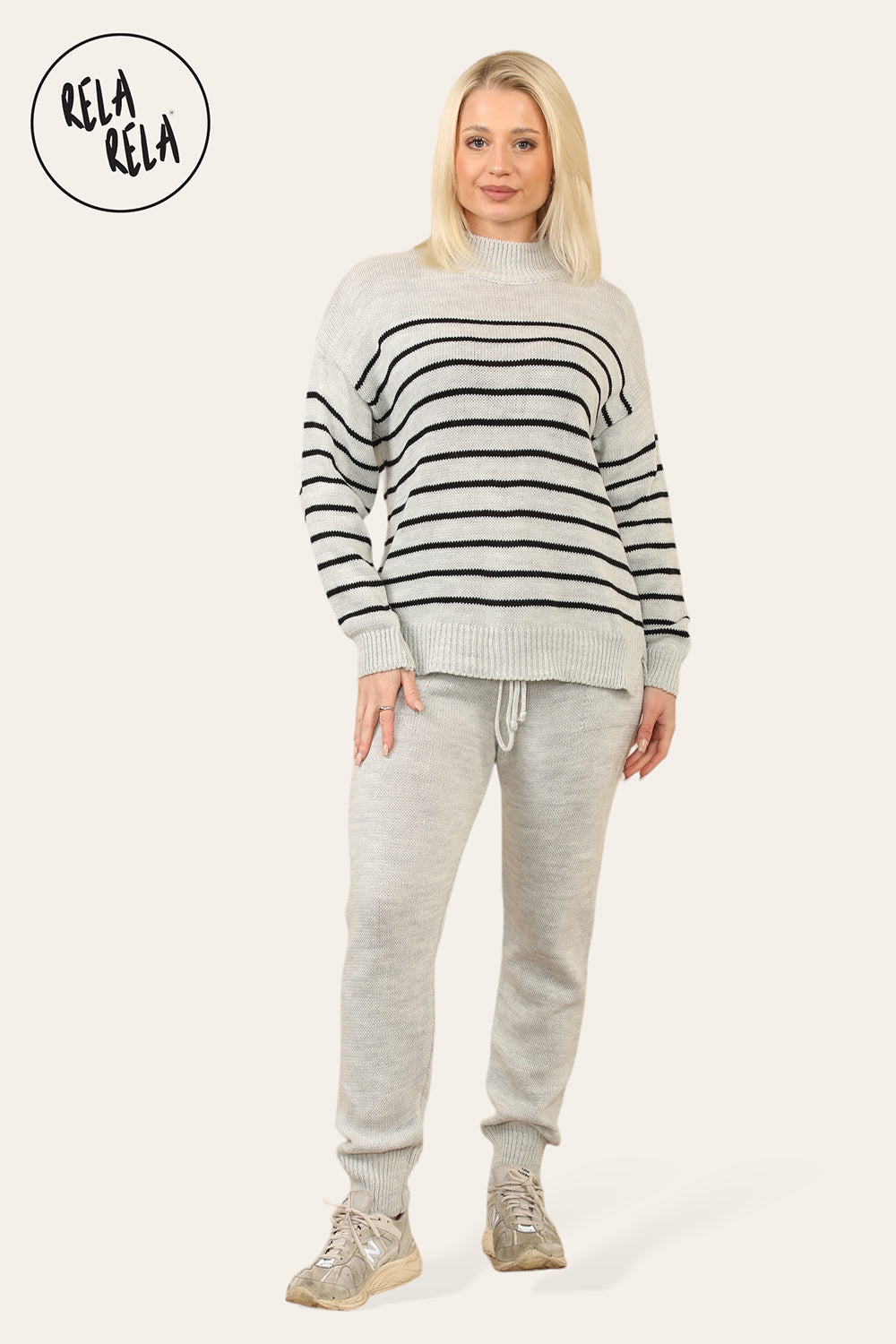Striped Jumper & Knitted Jogger Co-Ord Set with Pockets in Grey