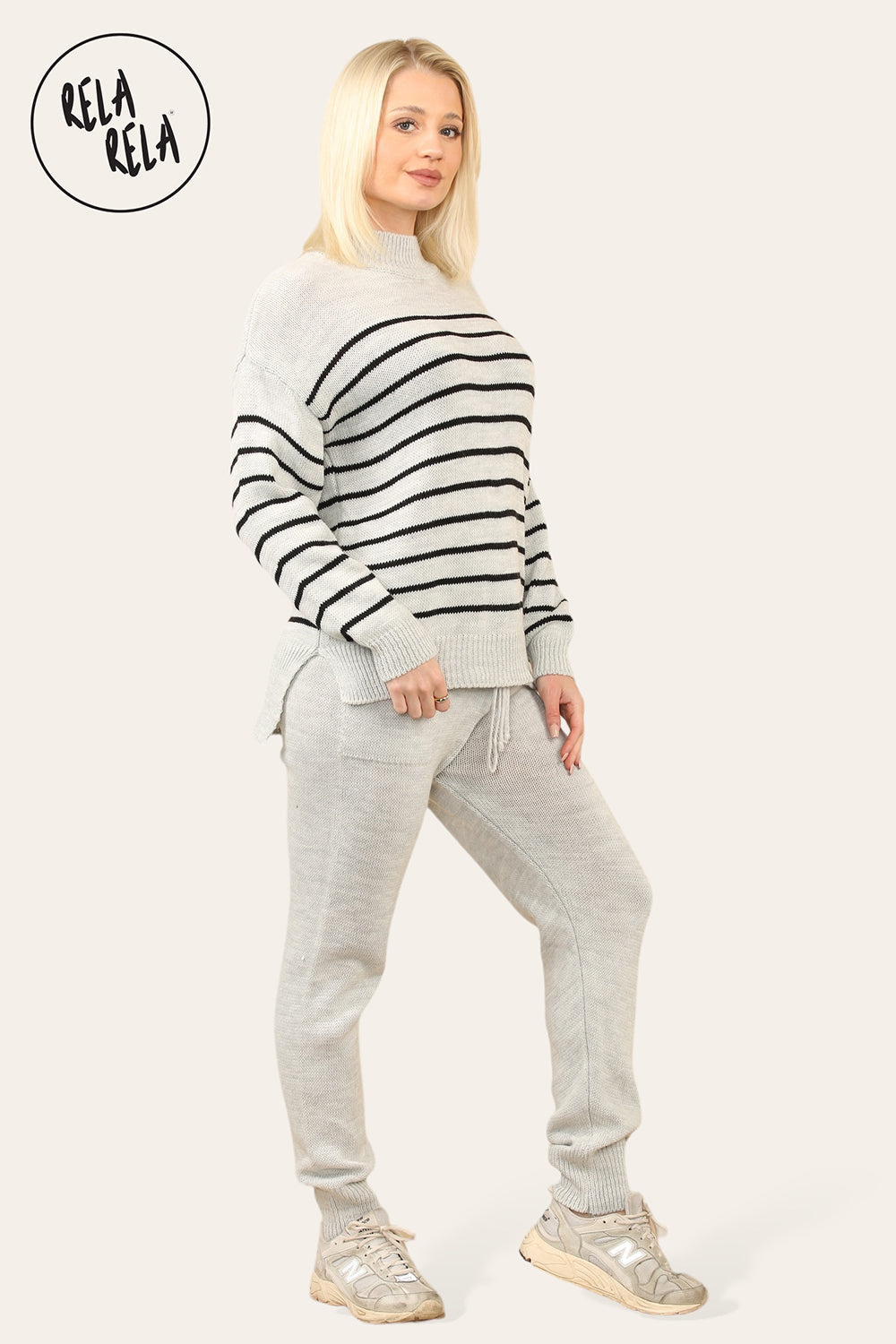 Striped Jumper & Knitted Jogger Co-Ord Set with Pockets in Grey