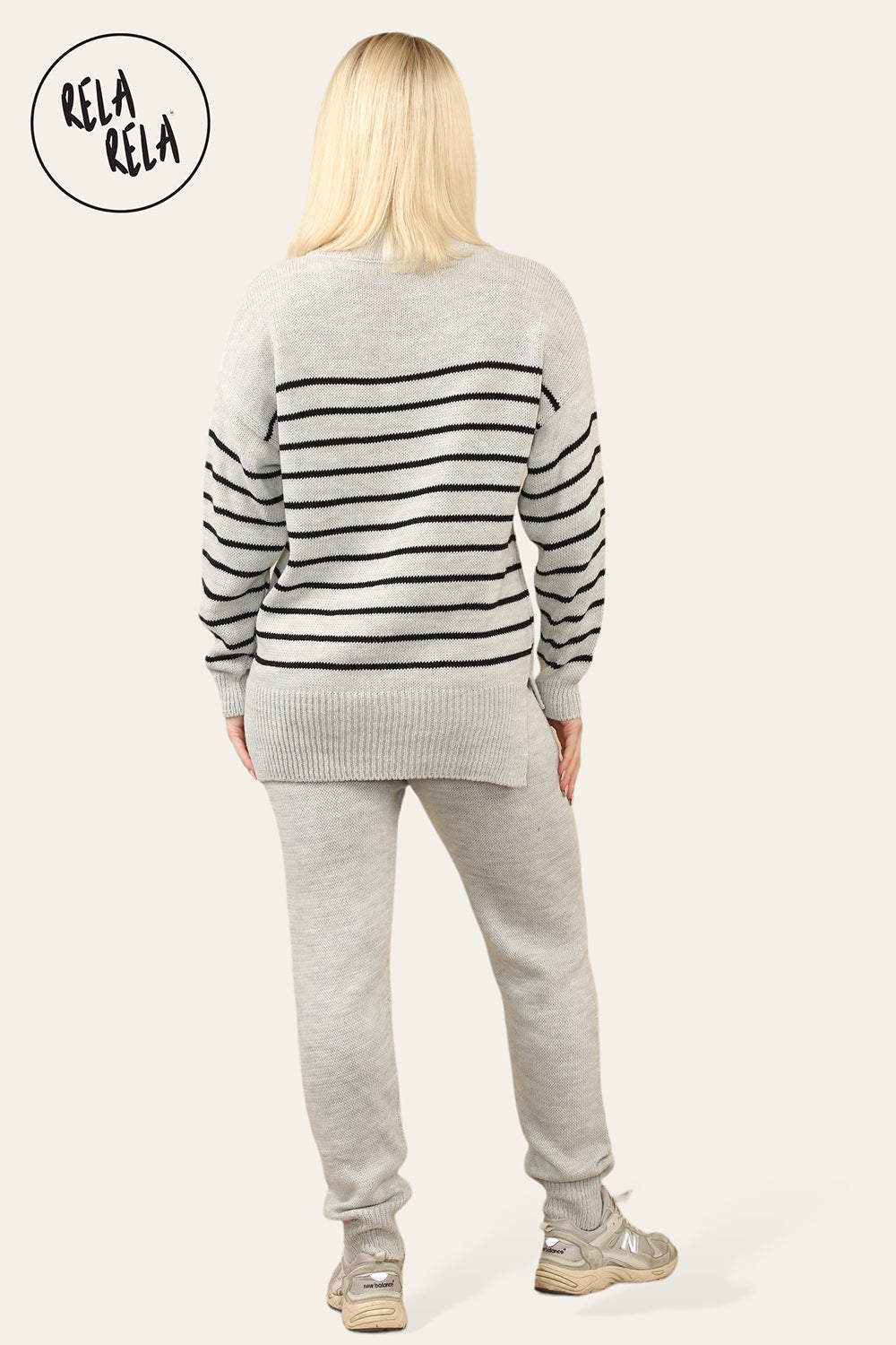 Striped Jumper & Knitted Jogger Co-Ord Set with Pockets in Grey