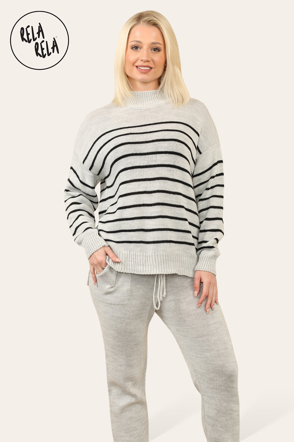 Striped Jumper & Knitted Jogger Co-Ord Set with Pockets in Grey