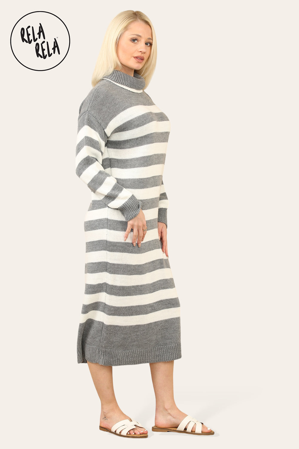 Grey & White Striped Midi Jumper Dress with Long Sleeves