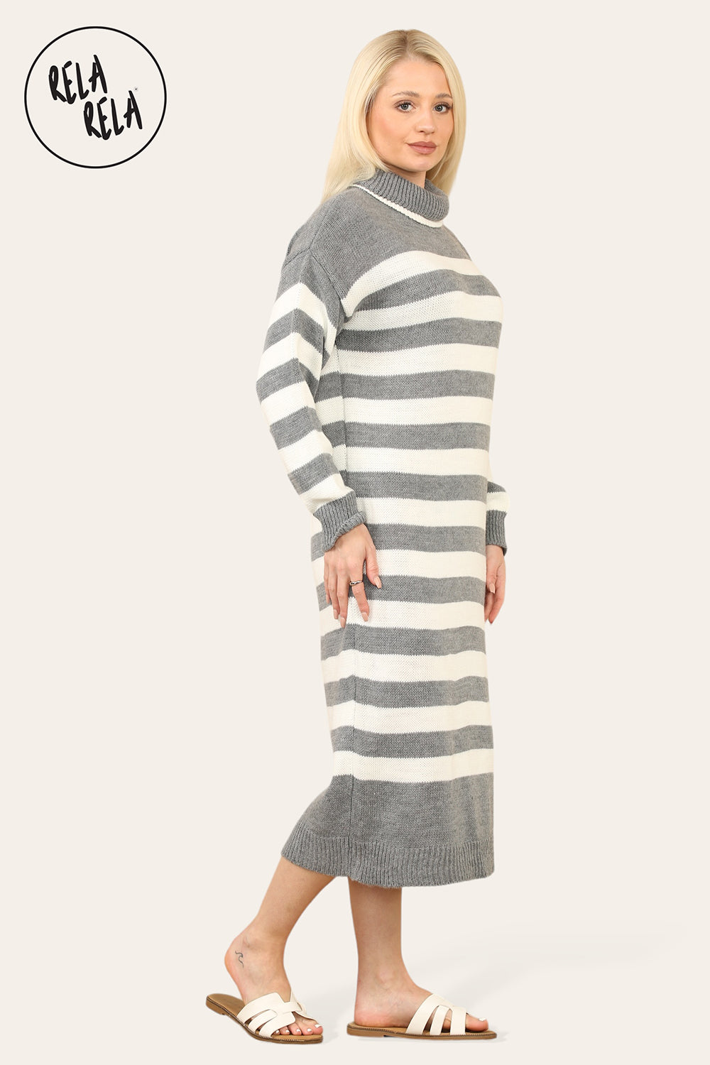 Grey & White Striped Midi Jumper Dress with Long Sleeves